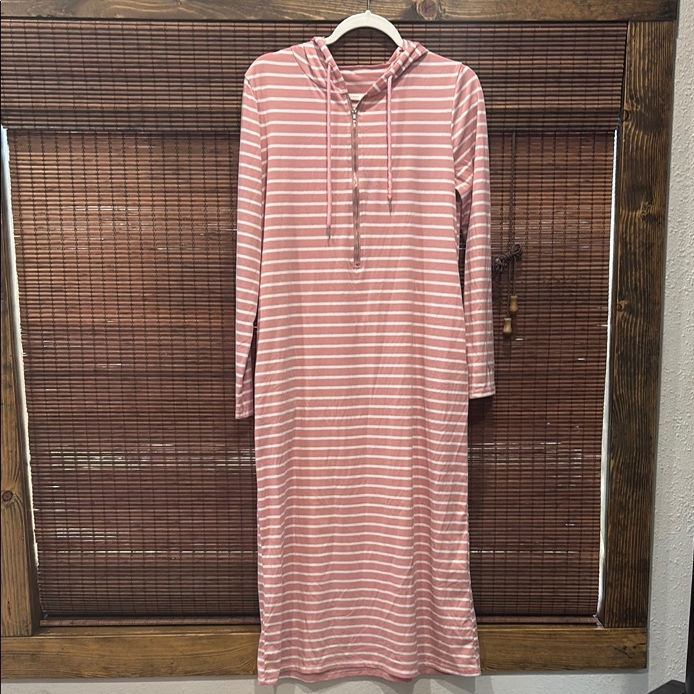 Pink Striped Hooded Midi Dress